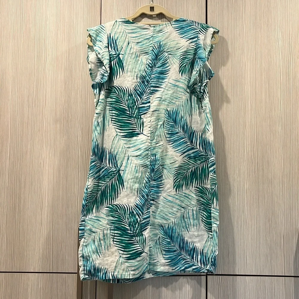 TAHARI | Linen Tropical Flutter Sleeve Shift Dress | Blue & White | Small‎